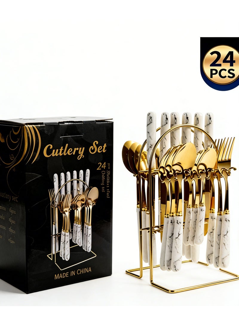 أكنزلмед مجموعة أدوات العشاء 24 قطعة مع موقف المنظم ، مثالية للوجبات العائلية لأشخاص 4-6 - Image 1